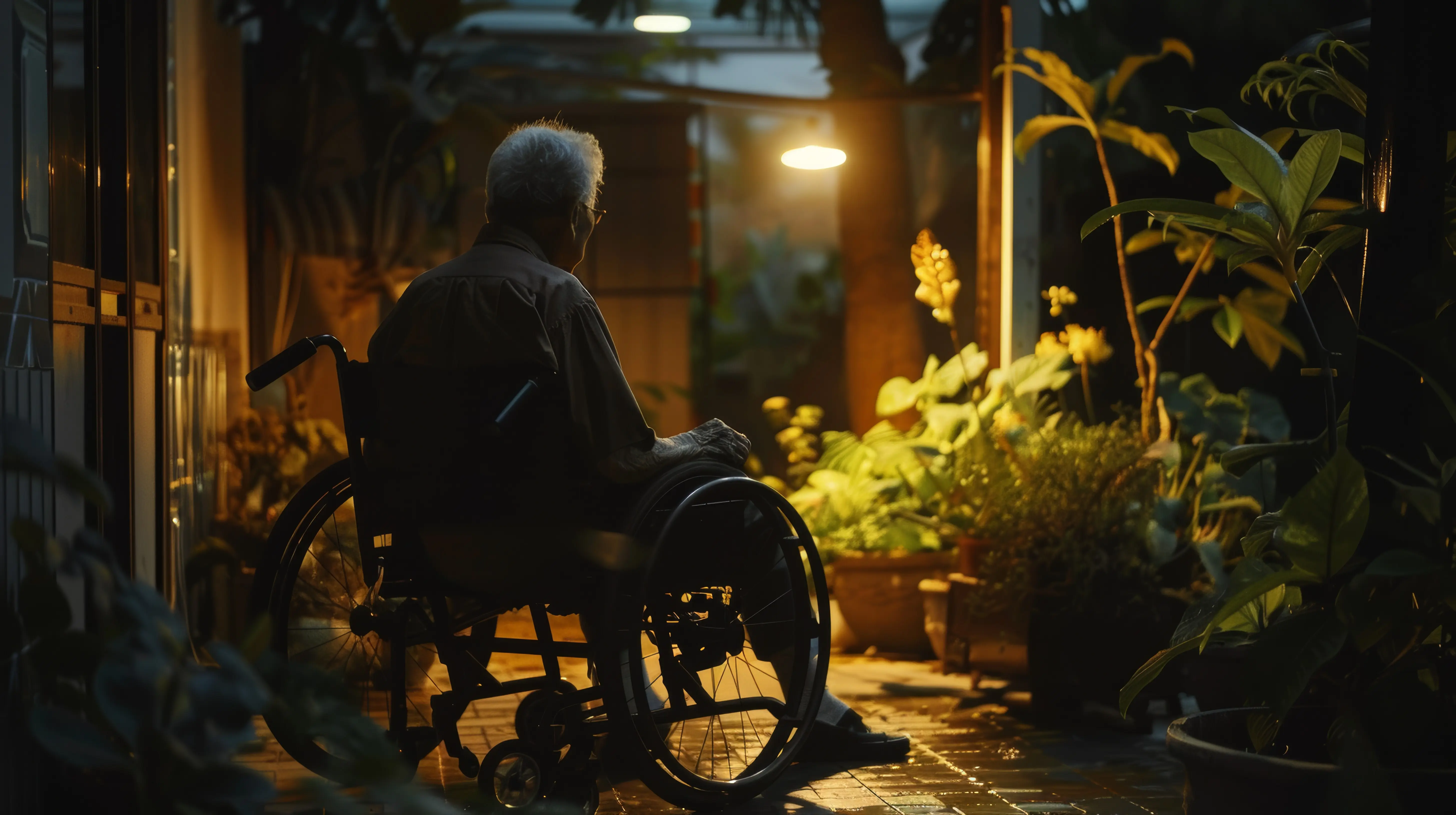 Älterer Mann im Rollstuhl nachts im Garten.